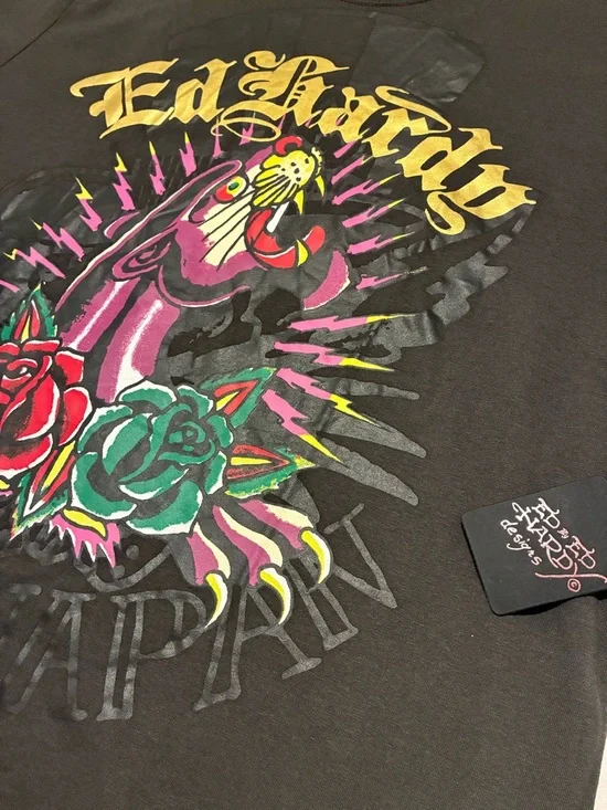 Ed Hardy Charcoal Tee with Yellow and Neon Accent Graphic - Picture 2 of 6